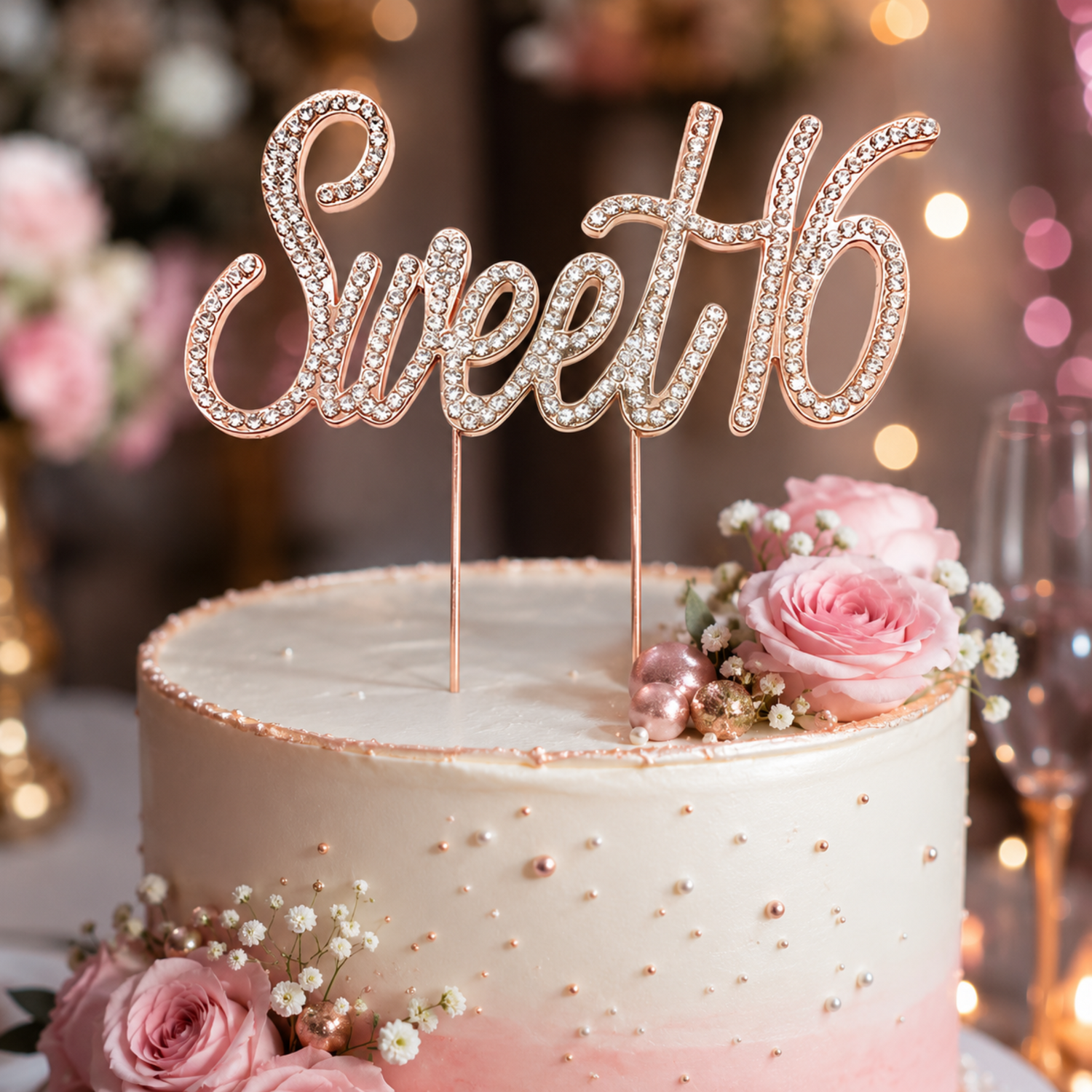 A sparkling rose gold Sweet 16 cake topper, crafted from metal with dazzling rhinestones, ready for a birthday cake.