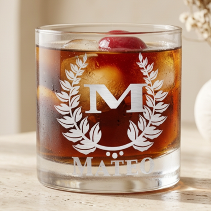 Clear personalized whiskey glass with no engraving visible, simple studio view on white background