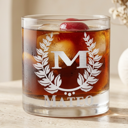 Clear personalized whiskey glass with no engraving visible, simple studio view on white background