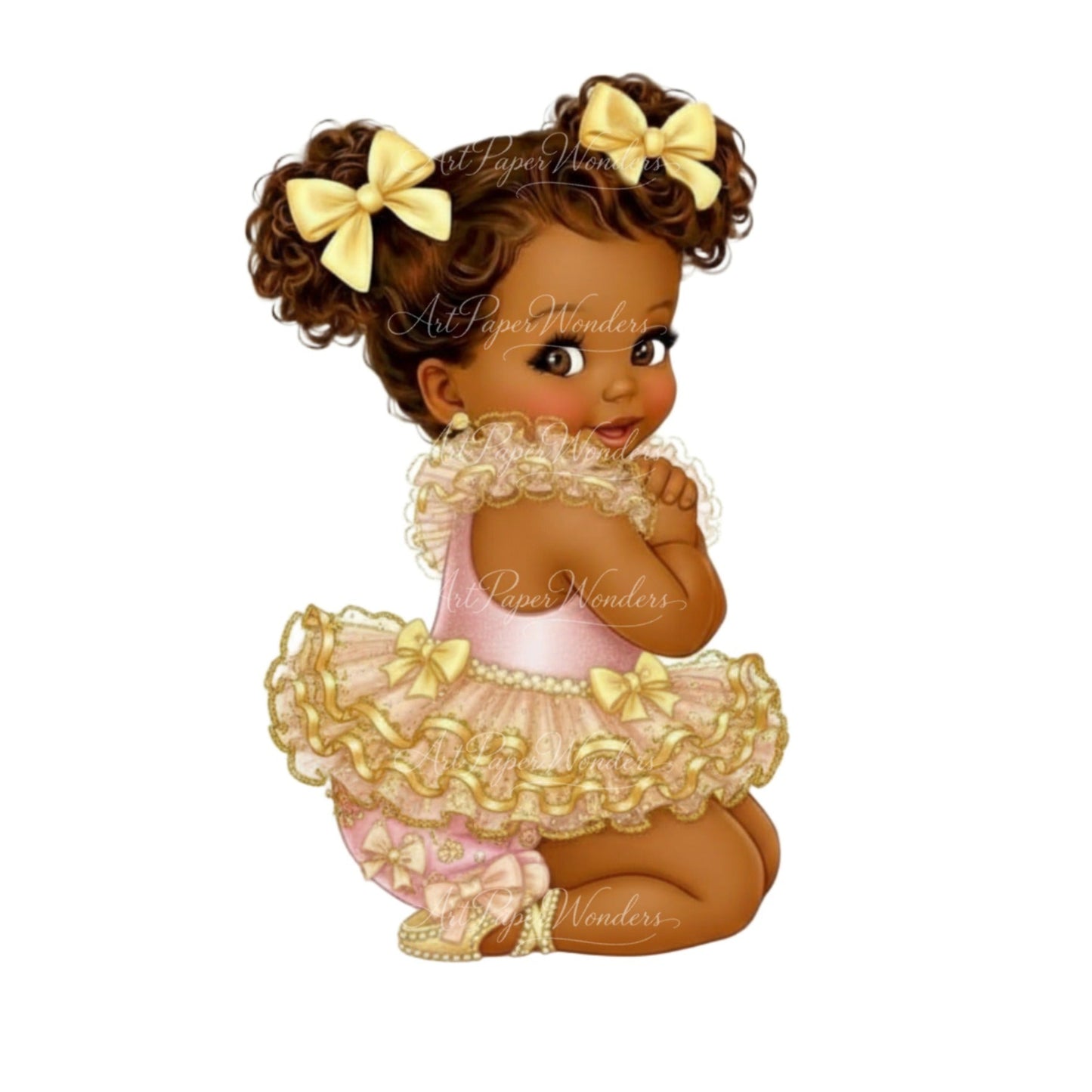 Illustration of a baby girl in a pink and gold outfit with bows 