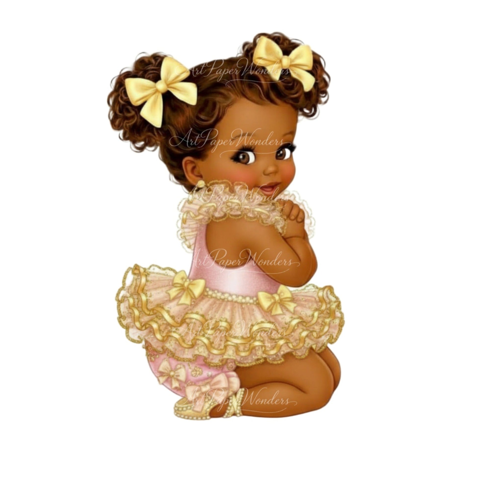 Illustration of a baby girl in a pink and gold outfit with bows 