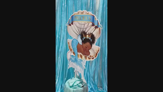 Mermaid Baby Shower Cutouts Centerpiece, Slipping African American Baby Girl 1st Birthday Cake Topper, Table Decoration