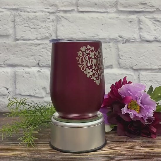 Engraved Grandma Tumbler, Floral Heart Design Stainless Steel Mug, 12oz Stemless Wine Glass