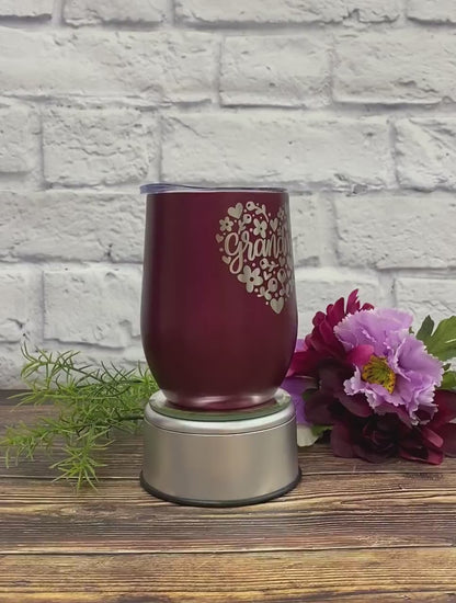Engraved Grandma Tumbler, Floral Heart Design Stainless Steel Mug, 12oz Stemless Wine Glass