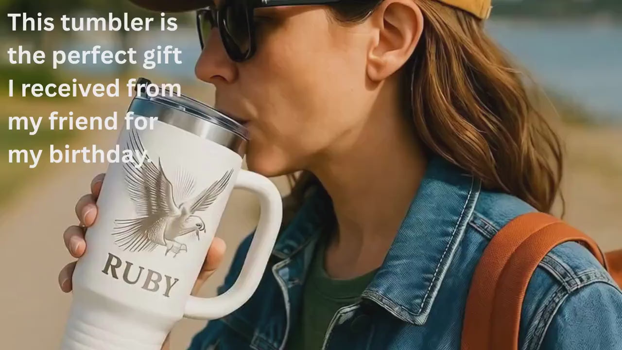 Gothic Raven Bird Engraved Tumbler with Handle, 40 Oz White Black Stainless Steel Mug