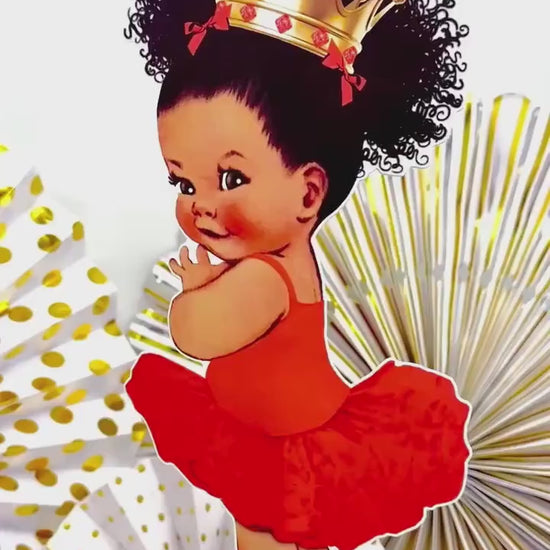 Red Tutu Ballerina Princess Centerpiece Cutouts with Gold Crown Table Decoration, African American Birthday Baby Shower Party