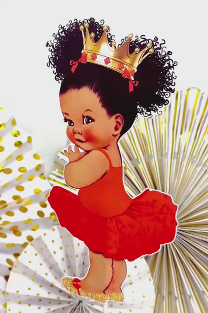 Red Tutu Ballerina Princess Centerpiece Cutouts with Gold Crown Table Decoration, African American Birthday Baby Shower Party