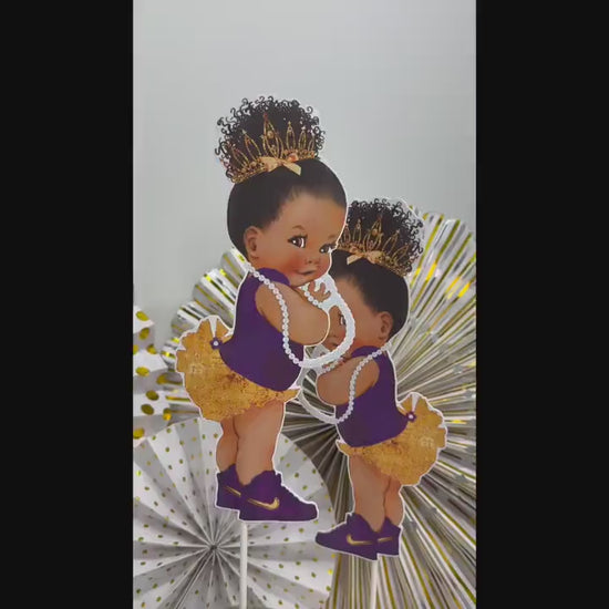 Purple Gold Princess Centerpiece, Baby Shower Decoration Ruffle Pants Tiara Sneakers, African American 1st Birthday Cake Topper