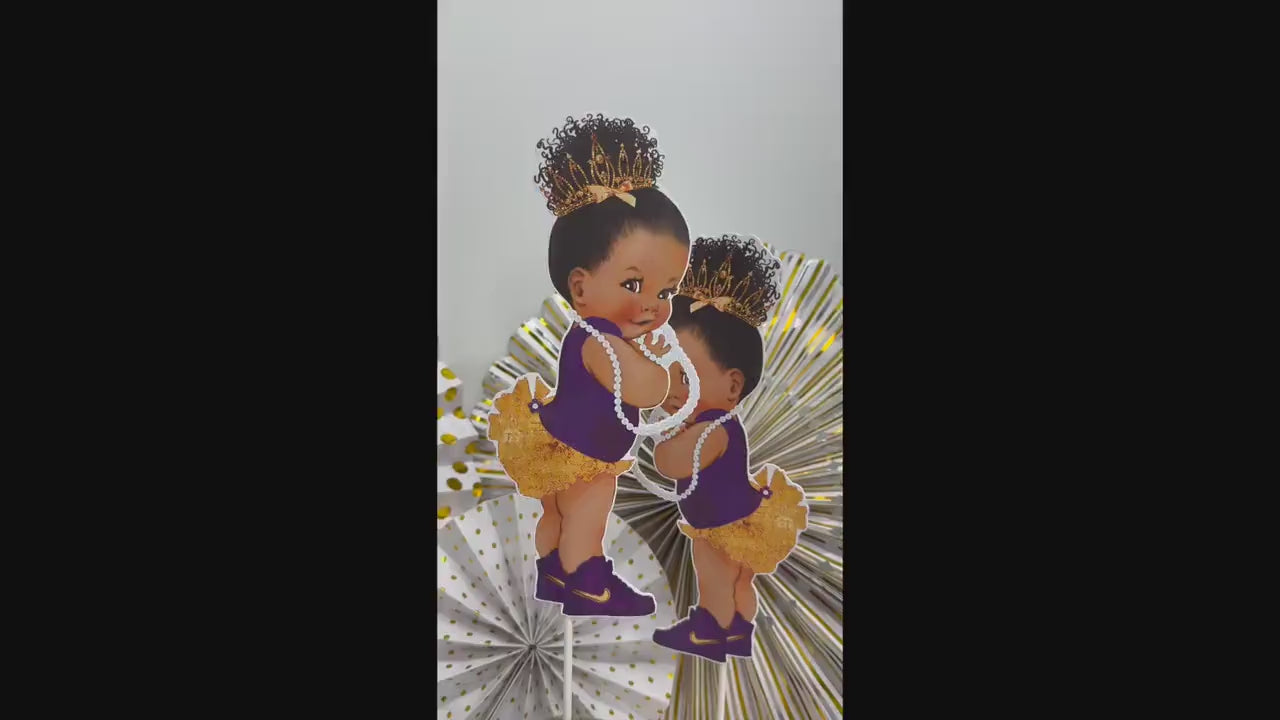 Purple Gold Princess Centerpiece, Baby Shower Decoration Ruffle Pants Tiara Sneakers, African American 1st Birthday Cake Topper