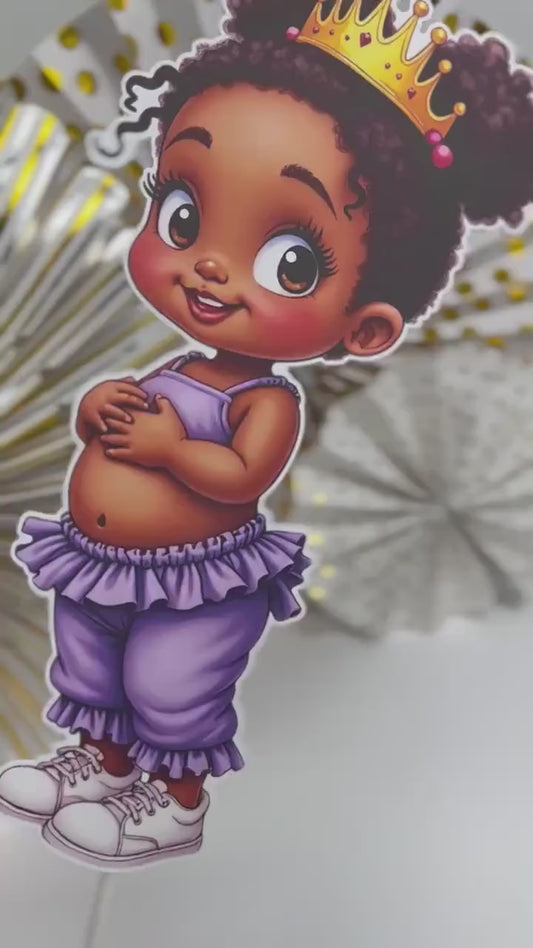 Purple Princess Afro-American Baby Girl Cutouts Centerpieces, Table Cake Topper Baby Shower Party Decorations