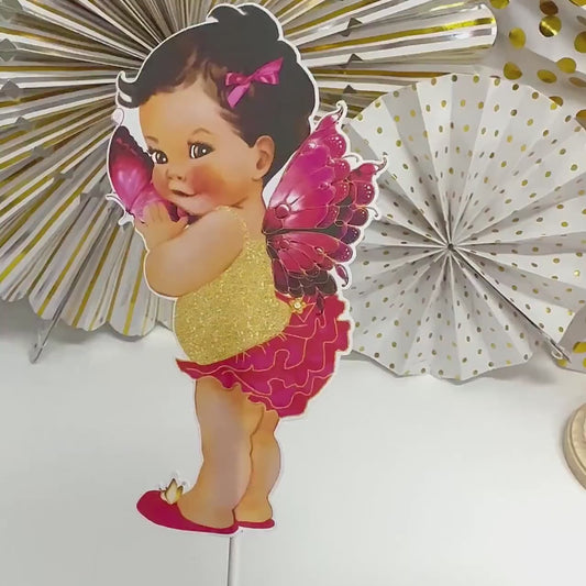 Butterfly Princess Topper Centerpiece Cutouts, Hot Pink Ruffle Pants Gold Glitter Shirt Baby Shower 1st Birthday Party Decoration