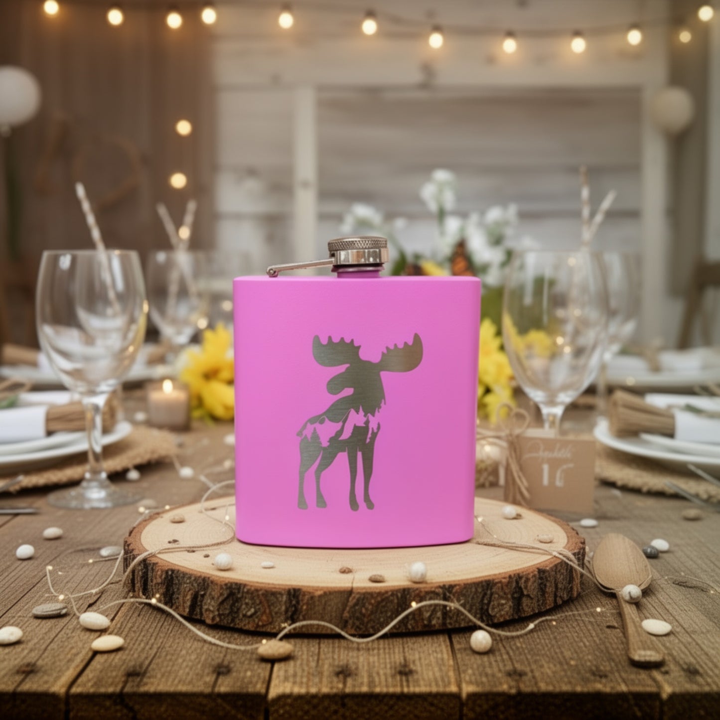 Forest Wildlife Custom Engraved Hip Flask rustic Liquor Wedding Gift