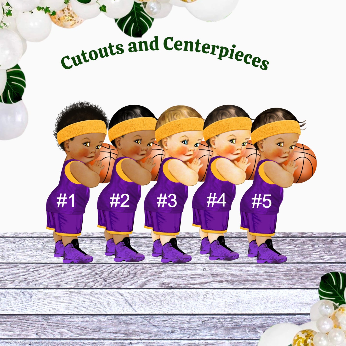 Basketball Baby Shower Decor – Purple Gold Baby Boy Cutouts & Centerpieces