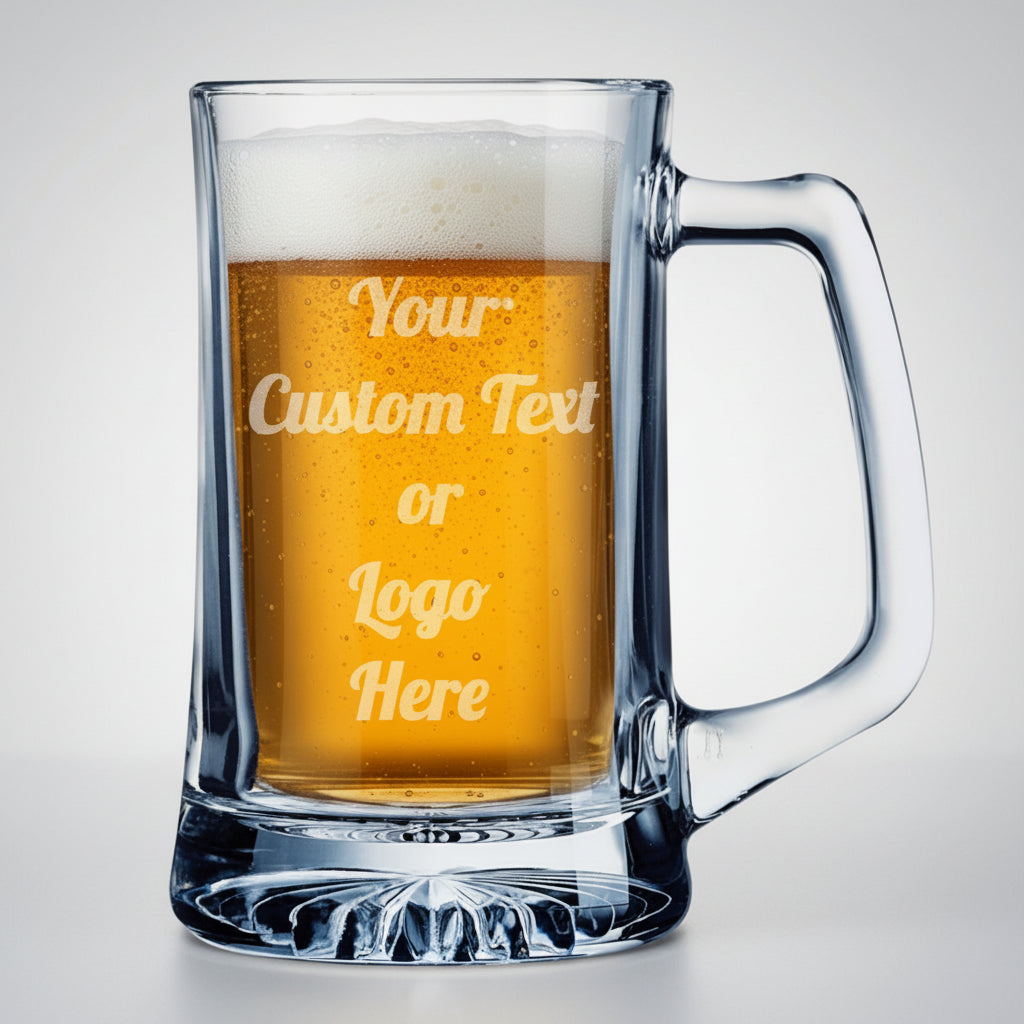 Clear glass mug with beer and customizable text or logo on a white background