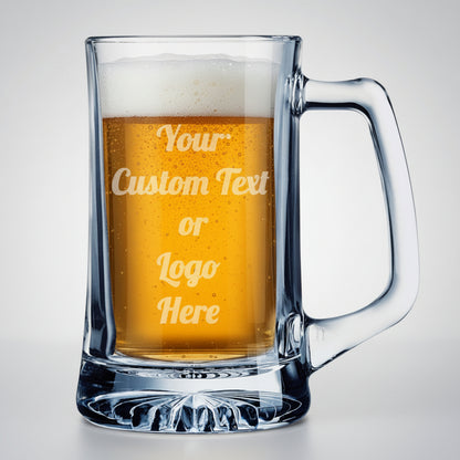 Clear glass mug with beer and customizable text or logo on a white background