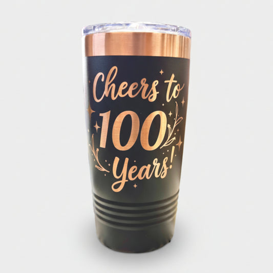 Personalized Black tumbler with 'Cheers to 100 Years' 
