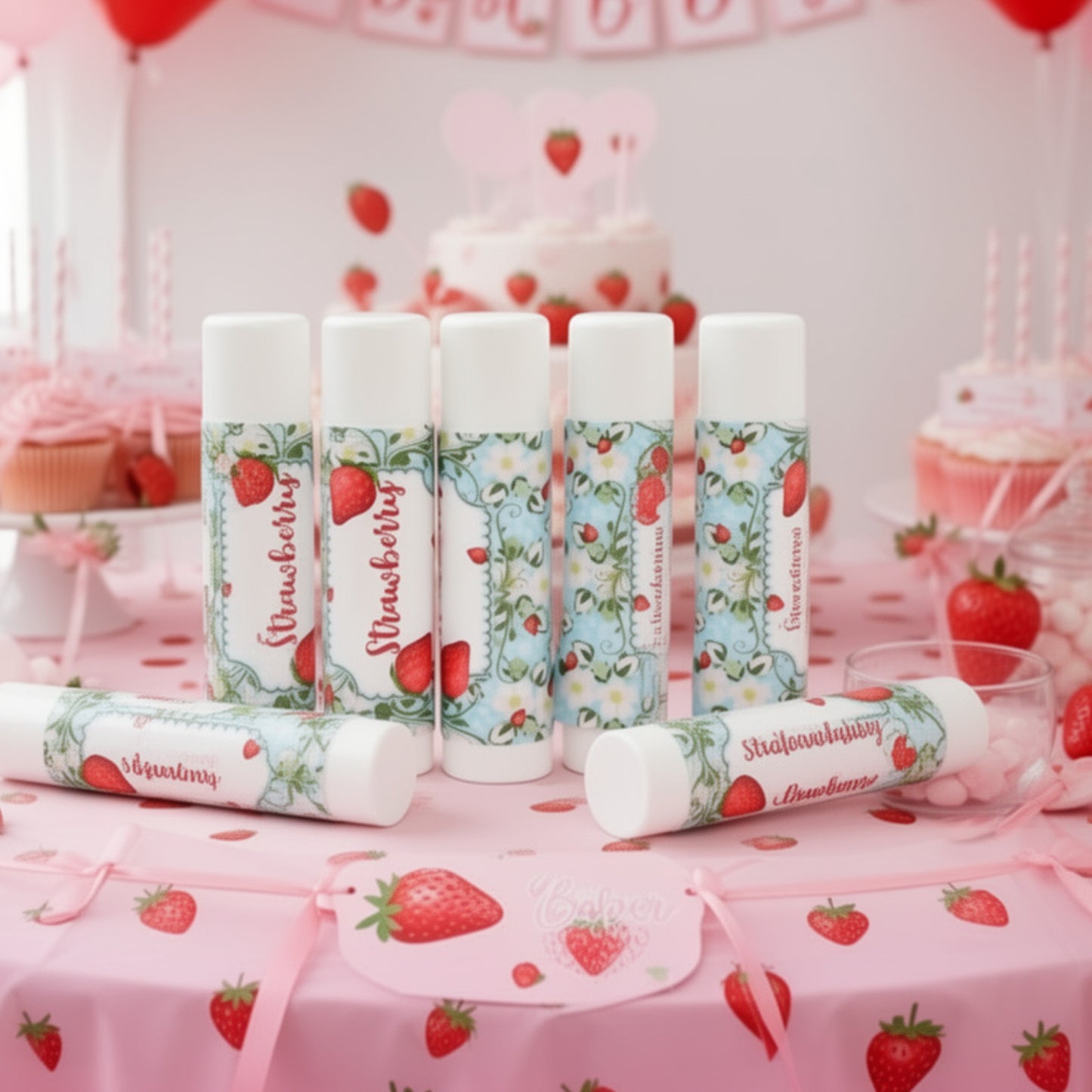 Berry-themed lip balm label design displayed flat on a white background, ready to wrap favor tubes.