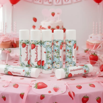 Berry-themed lip balm label design displayed flat on a white background, ready to wrap favor tubes.