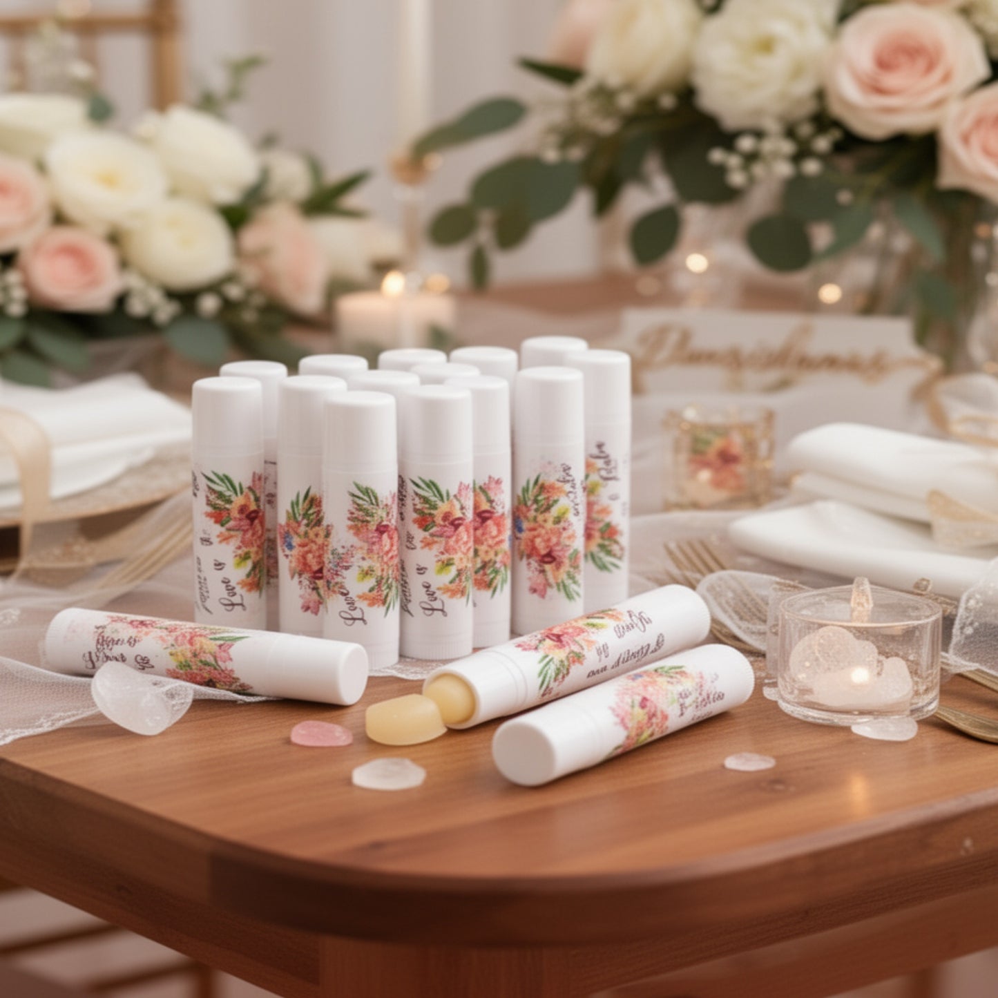 Floral Wedding Lip Balm Labels – Personalized Bridal Shower Favor Stickers, Set of 15
