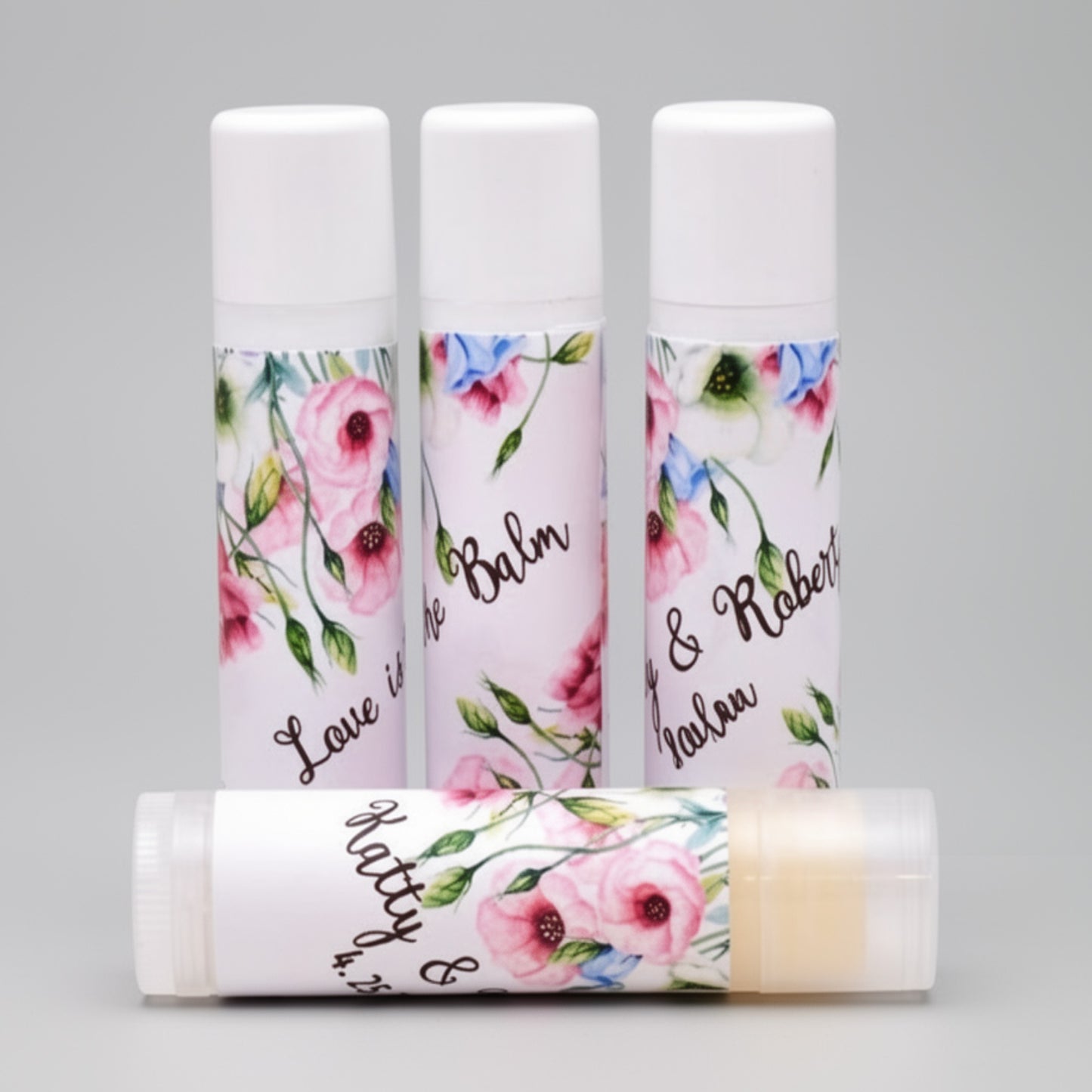 Pink floral lip balm labels – rustic wedding and bridal shower favor stickers, set of 15