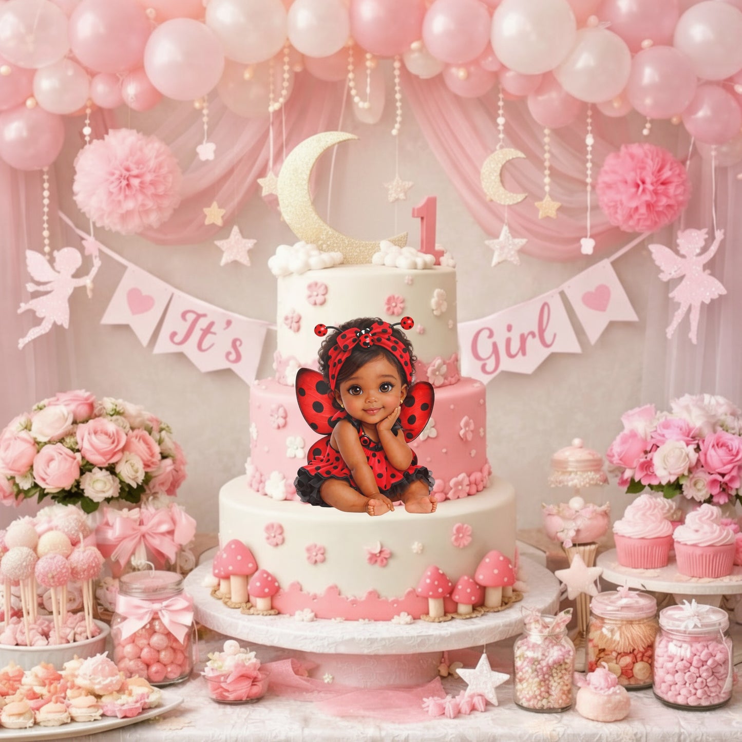 Ladybug Baby Shower  DIY Centerpieces African American Girl Cutouts Table Decor