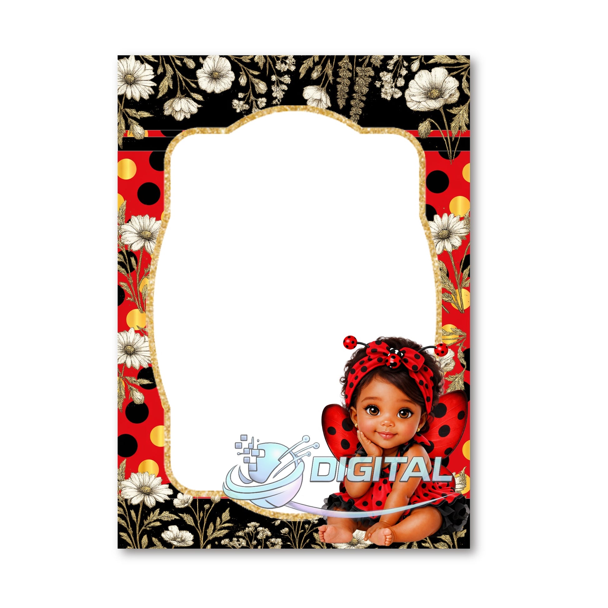 Little ladybug blank digital invitation 5x7 red black gold floral baby shower 1st birthday printable