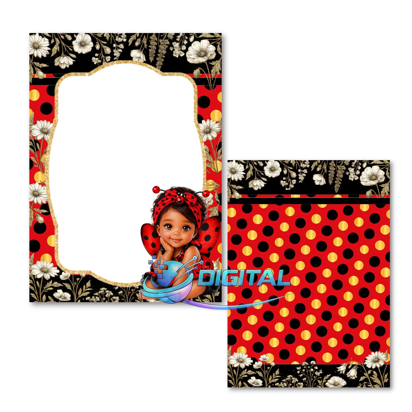 Little ladybug blank digital invitation 5x7 red black gold floral baby shower 1st birthday printable