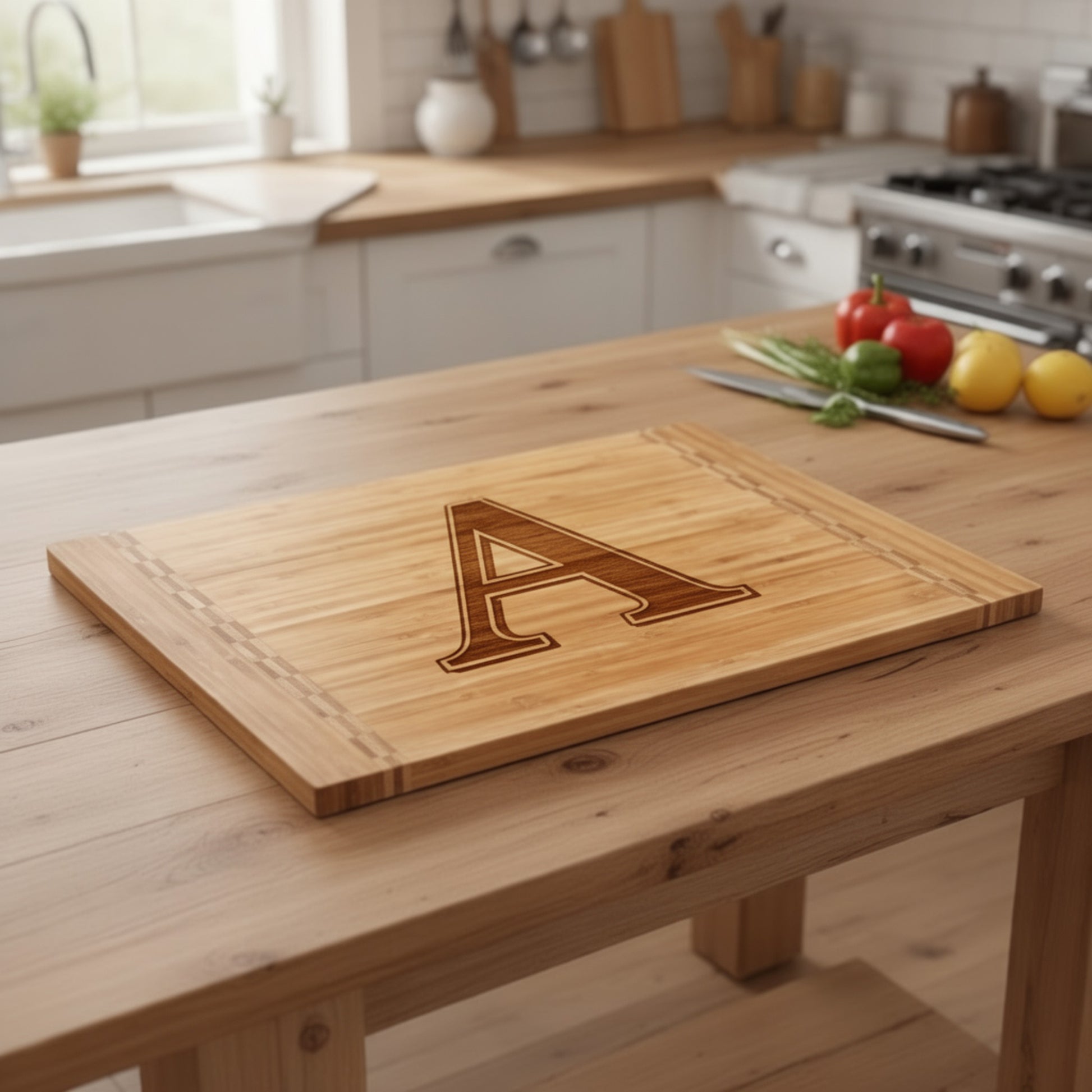 Custom engraved charcuterie board made of bamboo, artfully arranged with cheeses and fruits.