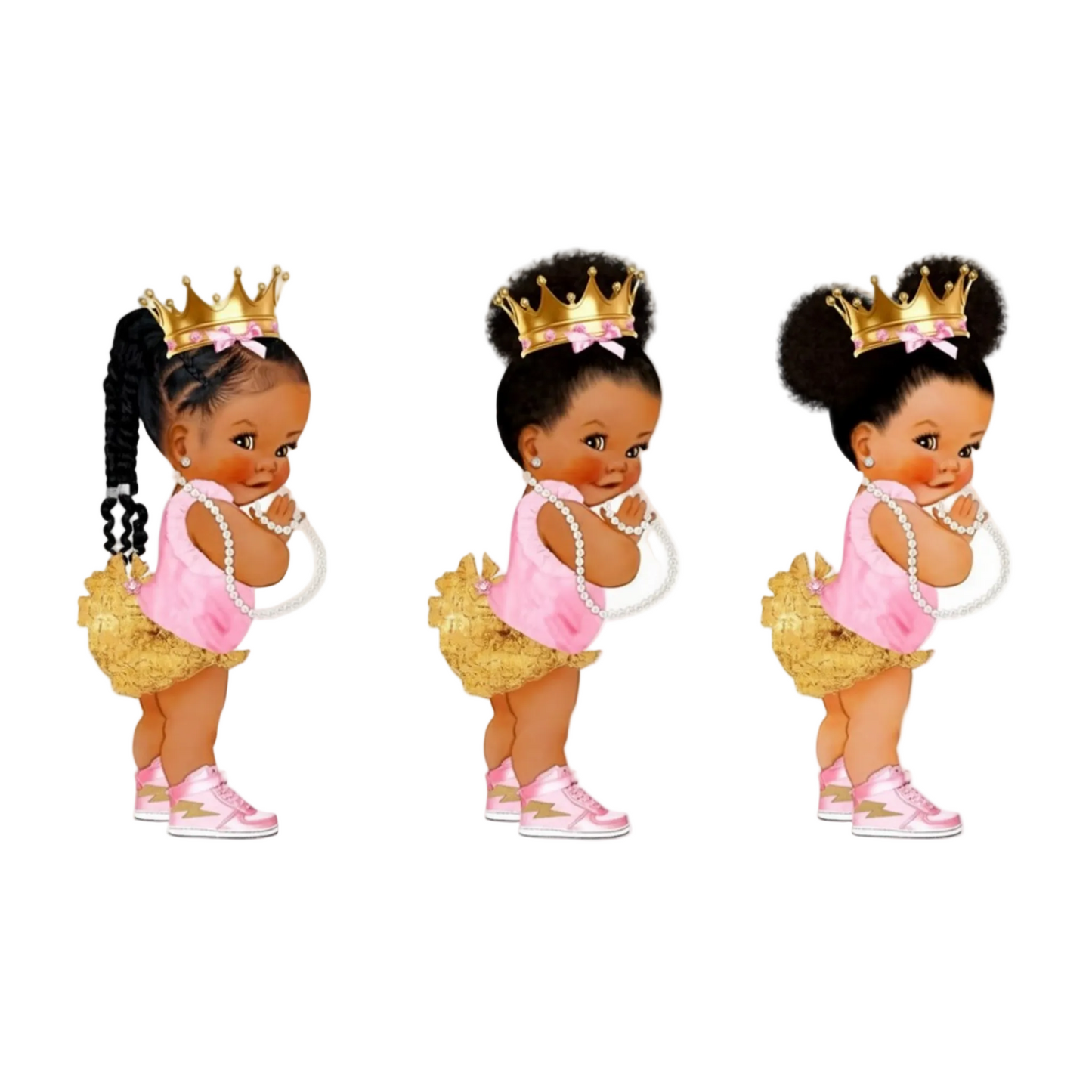 African American princess ballerina cutouts in pink and gold, displayed together for a party.