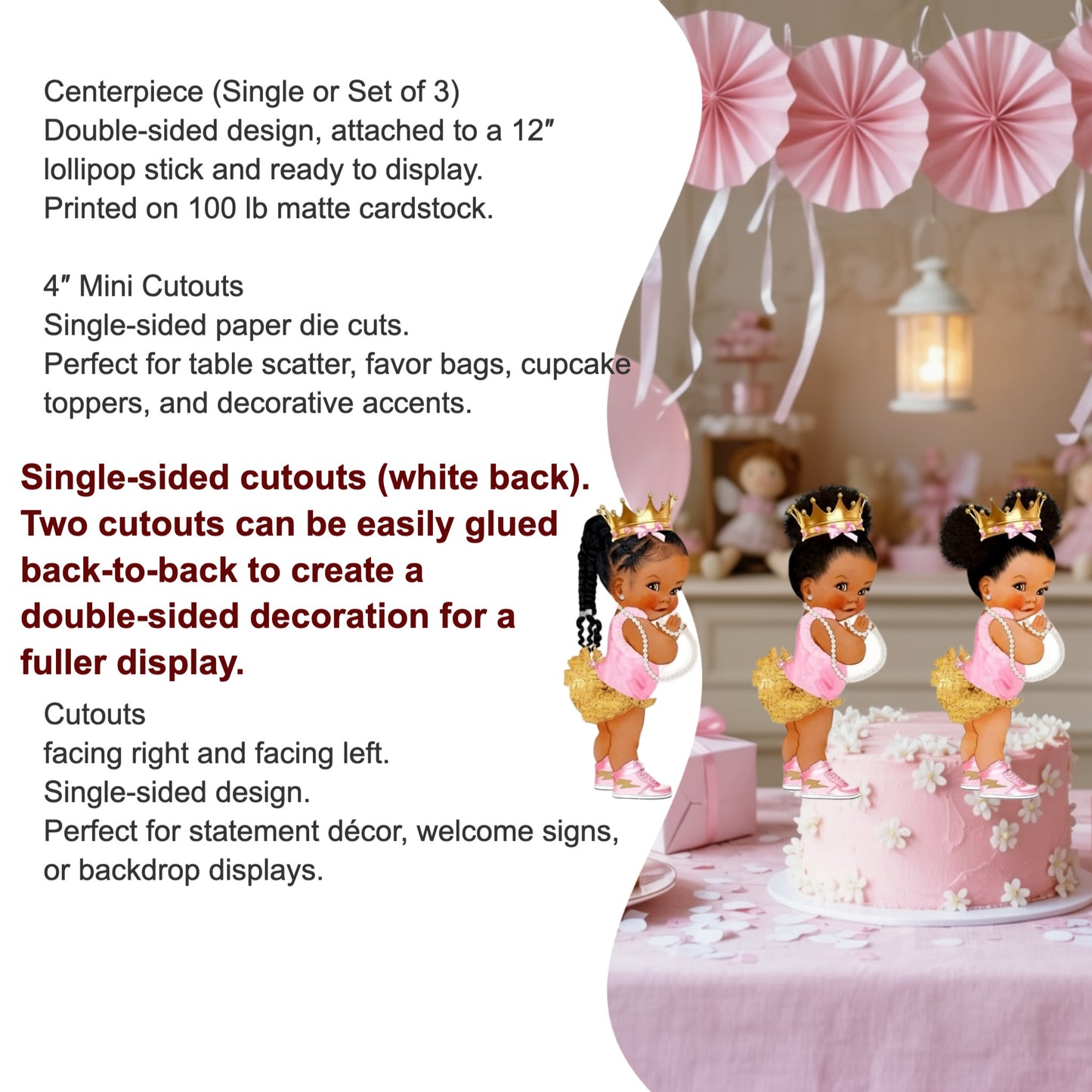 Multiple African American princess cutouts in various sizes, arranged as party decorations.