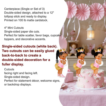 Multiple African American princess cutouts in various sizes, arranged as party decorations.