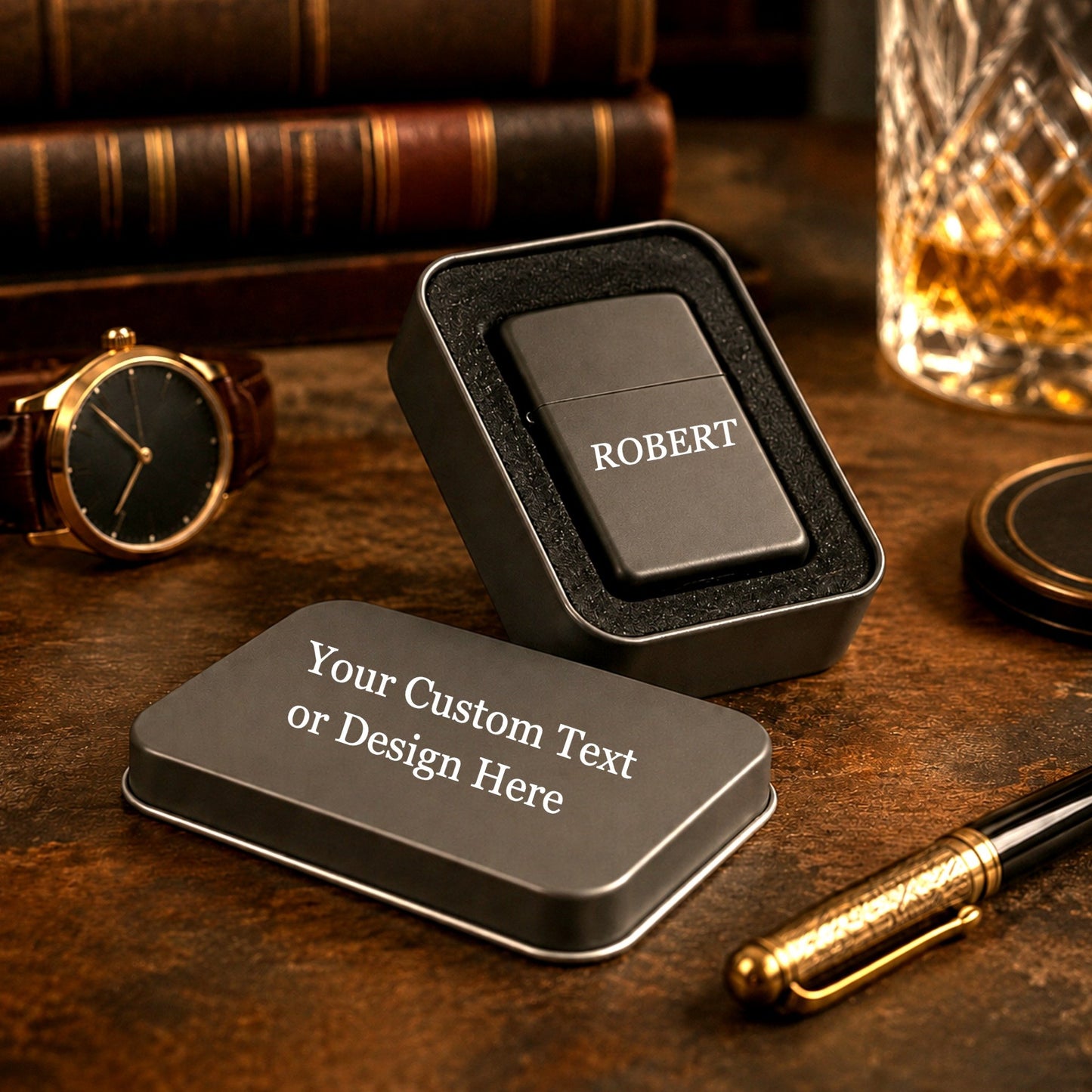 Hand holding a custom engraved matte black lighter, highlighting its size and finish.