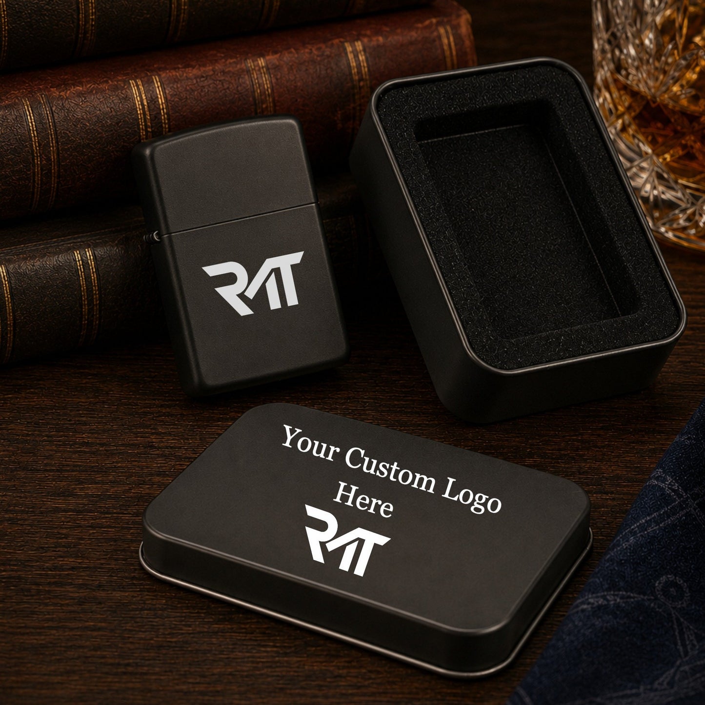 Matte black custom engraved lighter with a company logo, showcased with its black tin box.