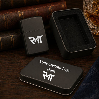 Matte black custom engraved lighter with a company logo, showcased with its black tin box.