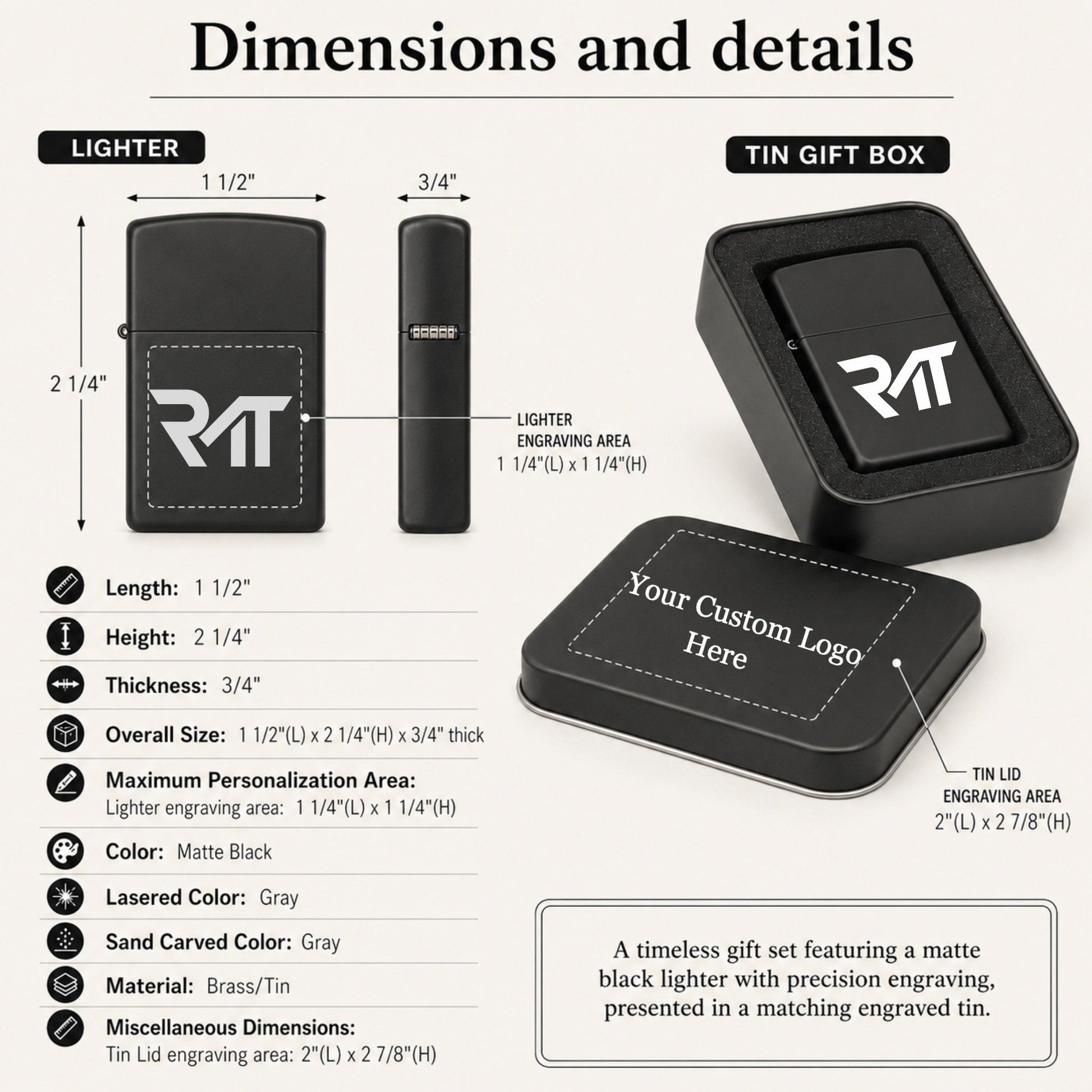 Close-up of a personalized matte black lighter showing the laser-engraved gray logo detail.