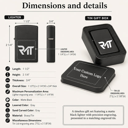 Close-up of a personalized matte black lighter showing the laser-engraved gray logo detail.