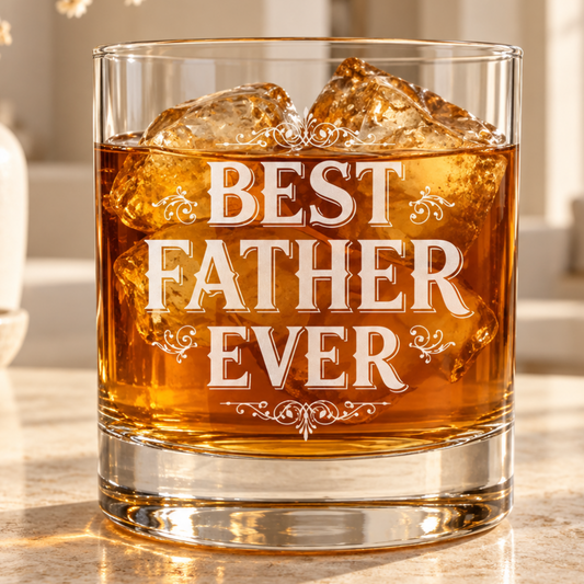 Best Father Ever engraved whiskey rocks glass with bourbon and ice on a stone counter