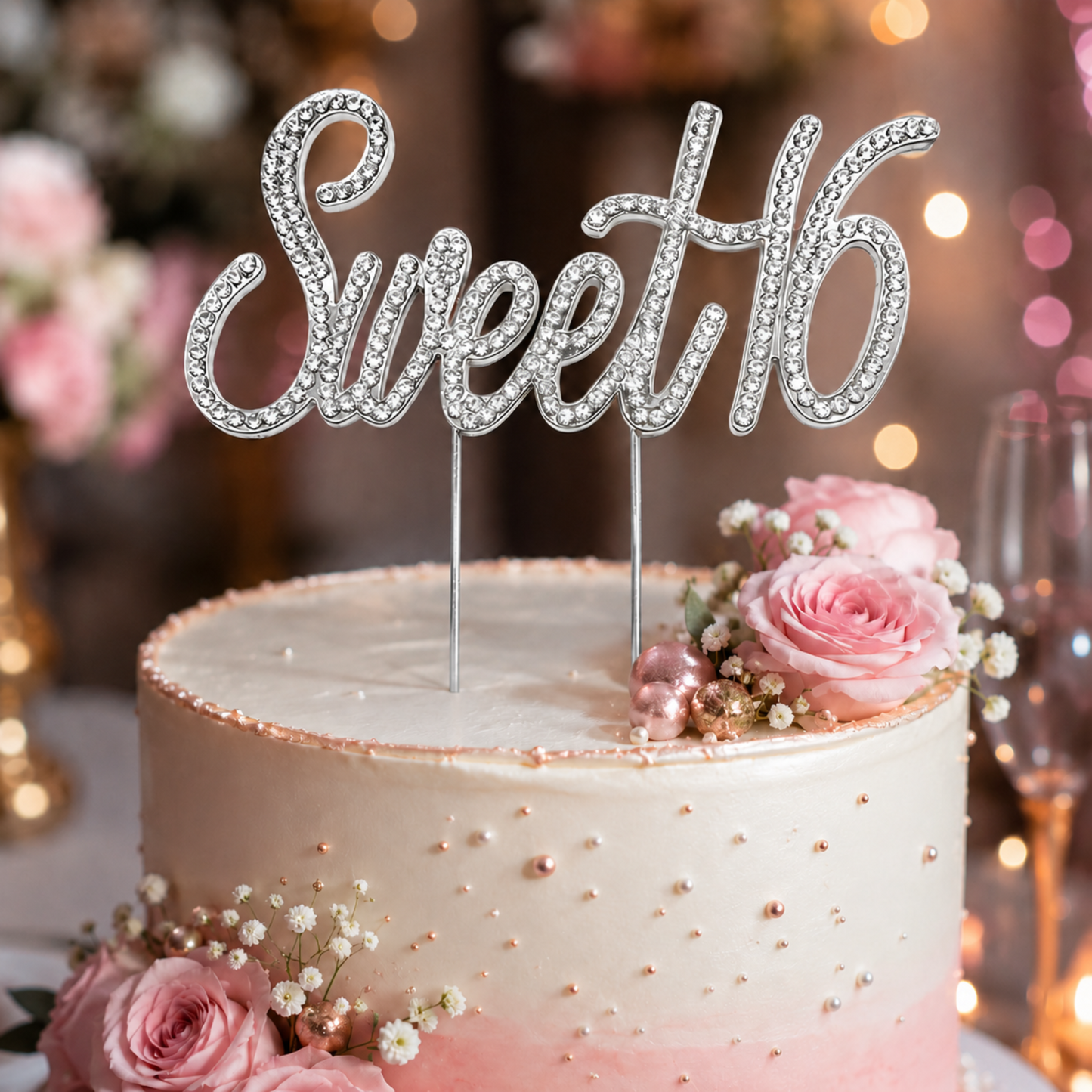 Elegant Sweet 16 cake topper in shimmering silver metal with intricate rhinestone details, perfect for a celebration.