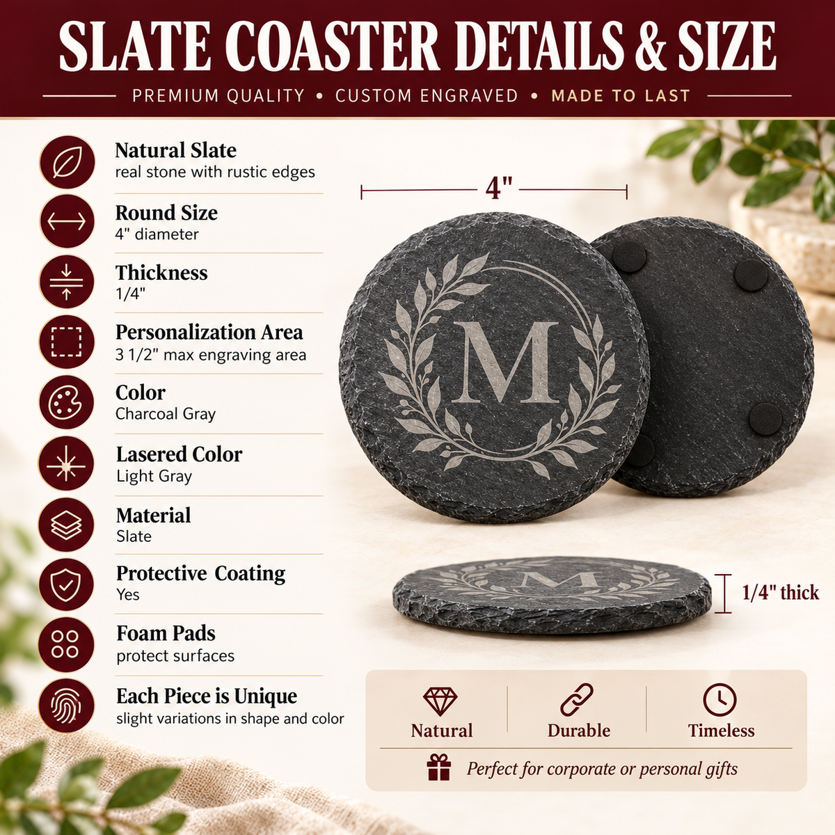 Natural slate coaster product details showing dimensions and personalized engraving