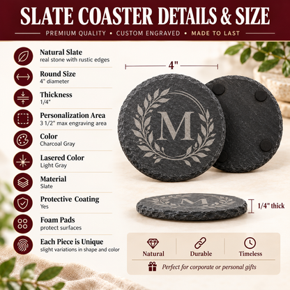 Natural slate coaster product details showing dimensions and personalized engraving