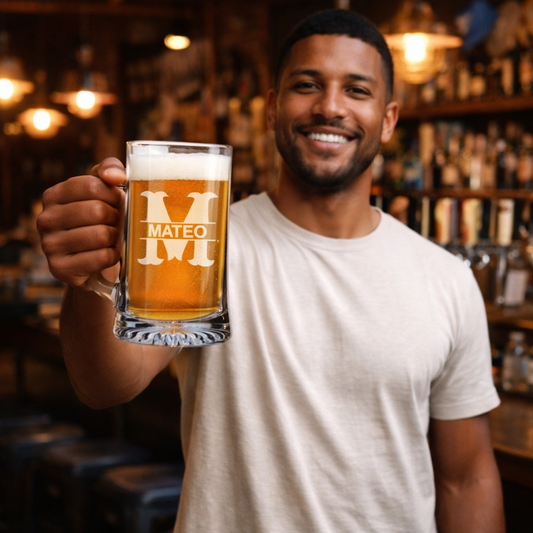 Personalized Beer Mug with Handle – Custom Text Logo Glass Beer Mug (14 oz or 25 oz)