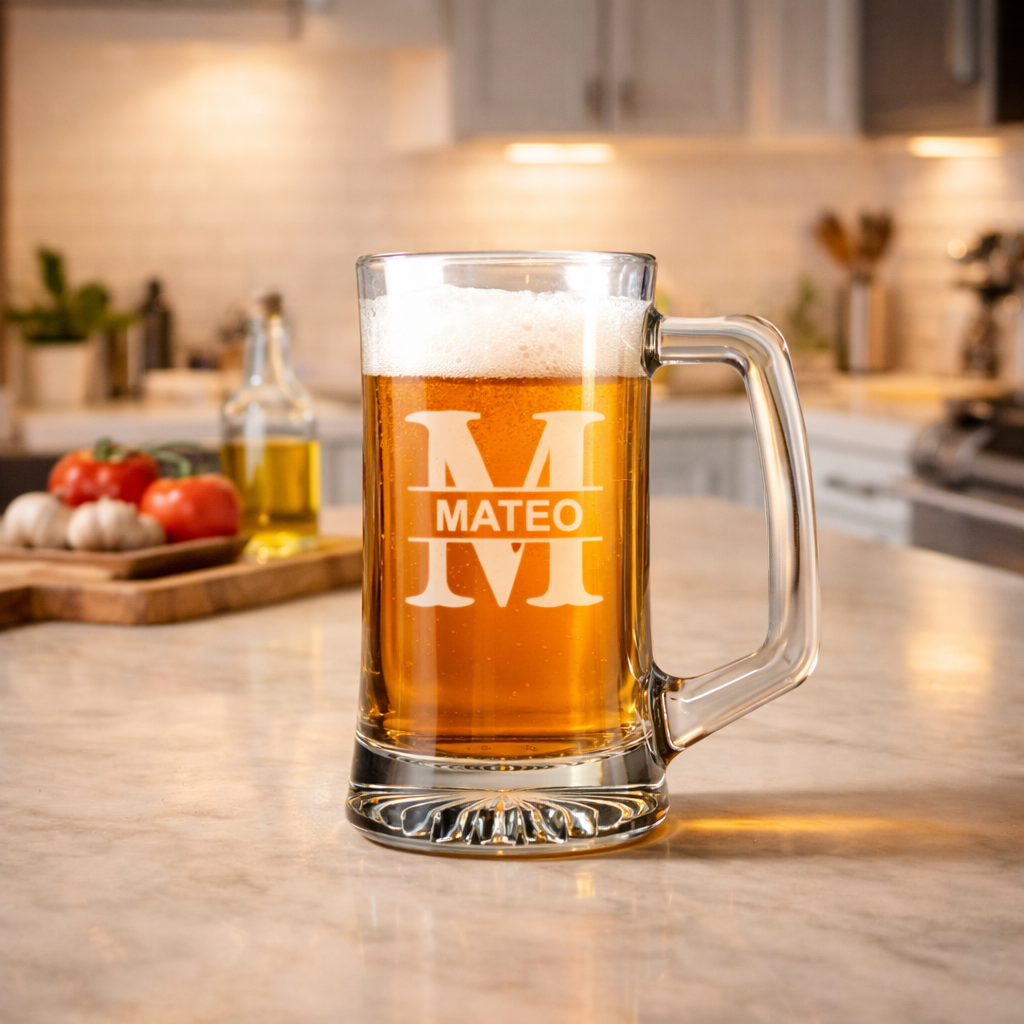 Custom Text Logo Glass Beer Mug - Birthday, Bachelor Party, Corporate Company Logo Mugs