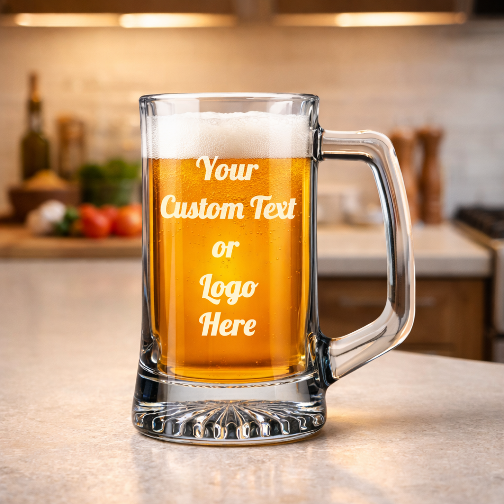 Clear glass mug with beer and customizable text or logo on a kitchen counter.