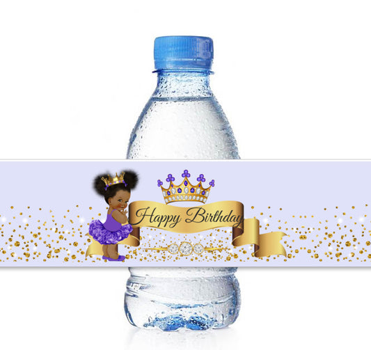Princess Water Bottle Labels Purple Tutu Gold African American Birthday Baby Shower