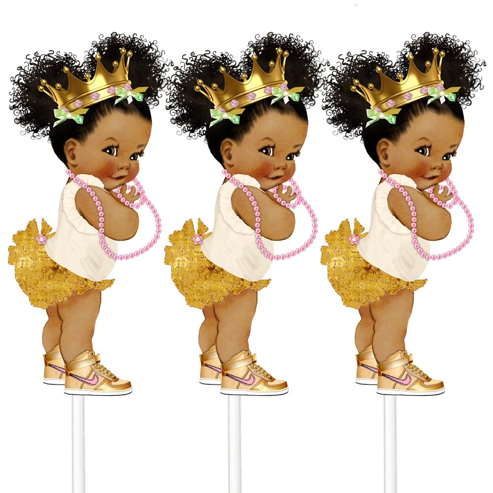 3 Gold Sneakers Princess Centerpieces African American Birthday Table Decor -princess-princess baby shower