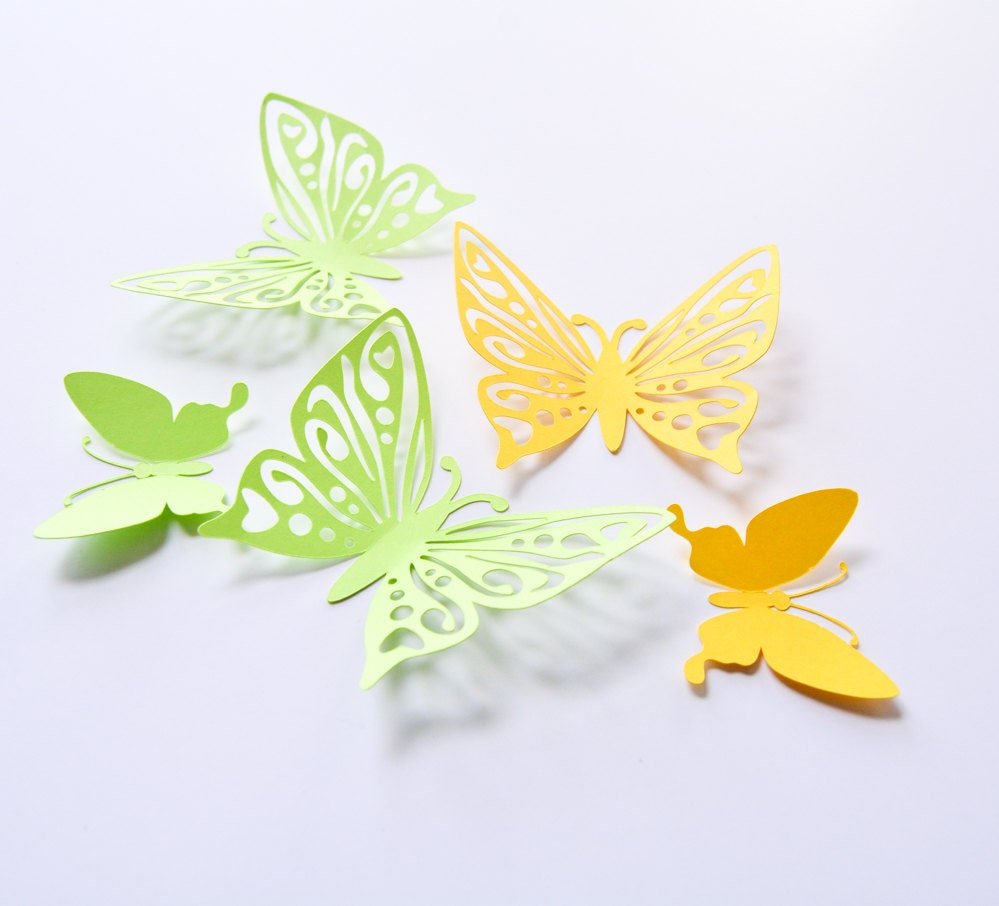 3D Wall Sticker Butterfly, Green Yellow Butterfly Art Wall, Decorating Butterflies, Butterfly 3D Art, Wall Paper Butterflies --