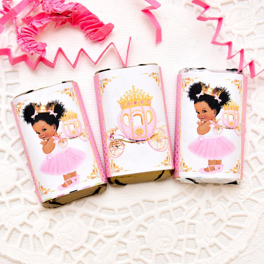 Pink and gold princess candy labels for mini chocolate bars