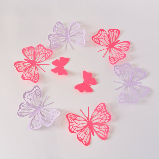 Lilac and red paper butterfly wall decor set arranged as layered 3D wall accents
