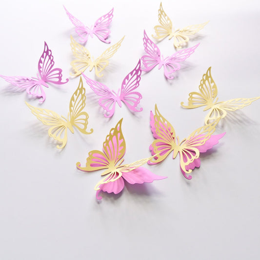 Close-up of butterfly wall stickers in orchid and light yellow tones with delicate paper texture.