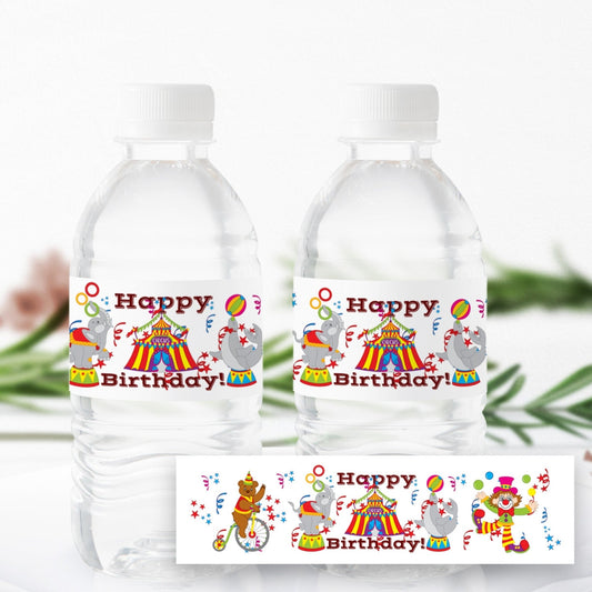 Digital Circus Birthday Water Bottle Labels Party Favor Stickers Downloadable -circus-circus birthday